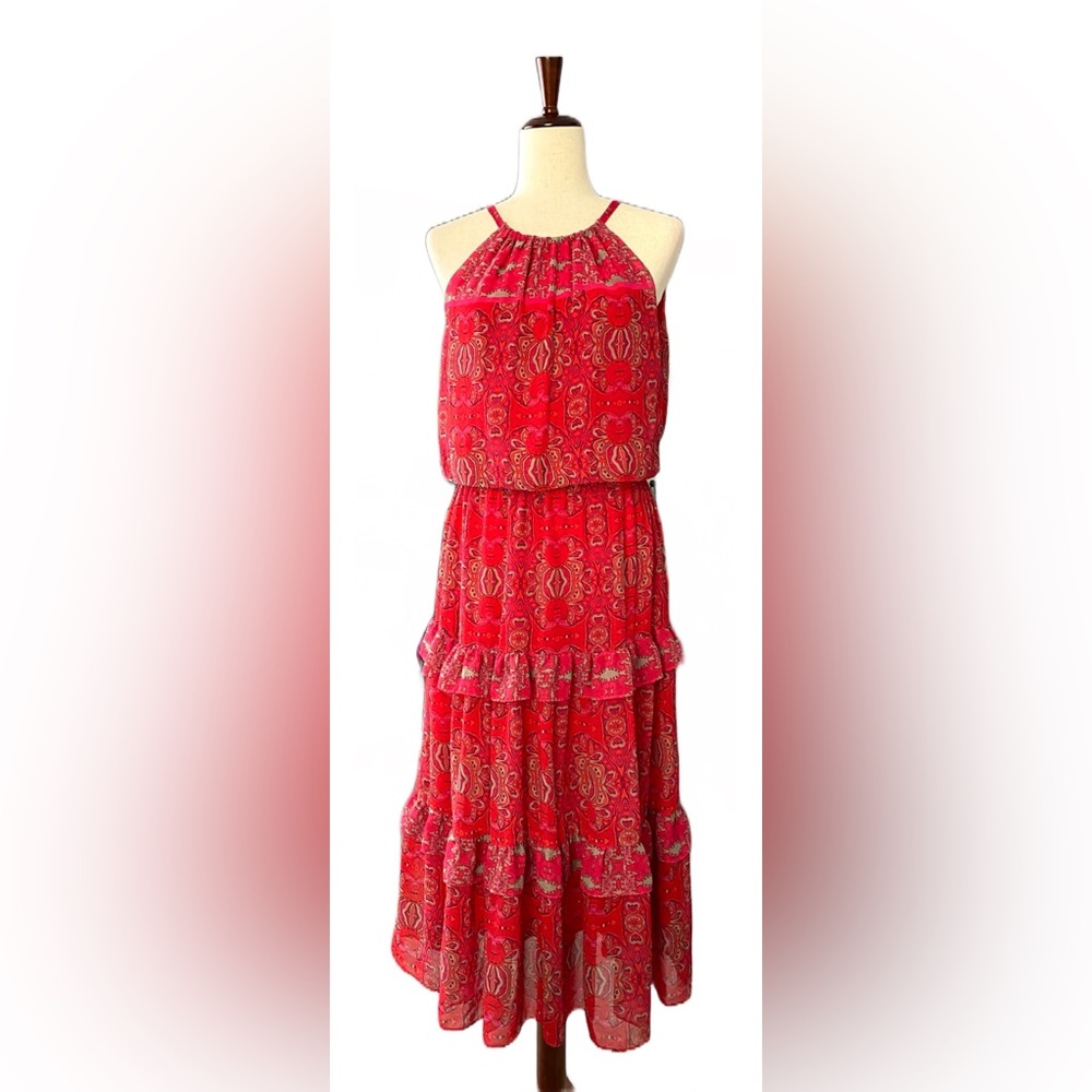 Taylor Chiffon Ruffled Maxi Dress Halter Pink/Red  Size 4